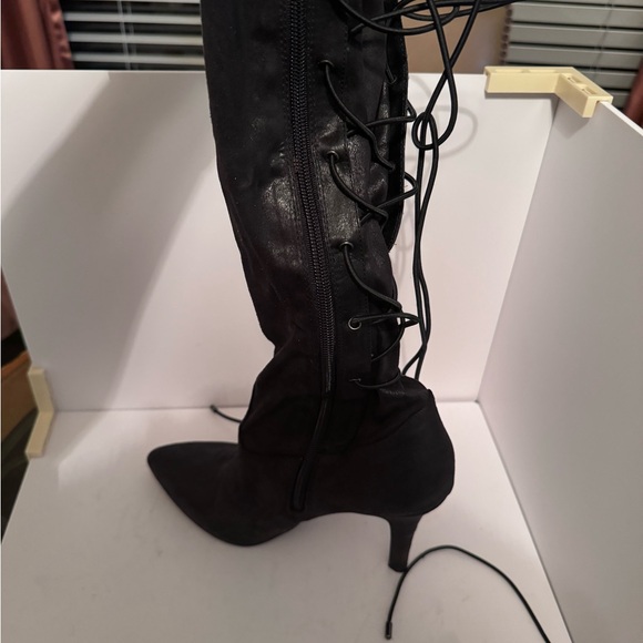 BCBG  zip and lace up heeled boot, feels like soft pony hair but is fabric. - Picture 6 of 9